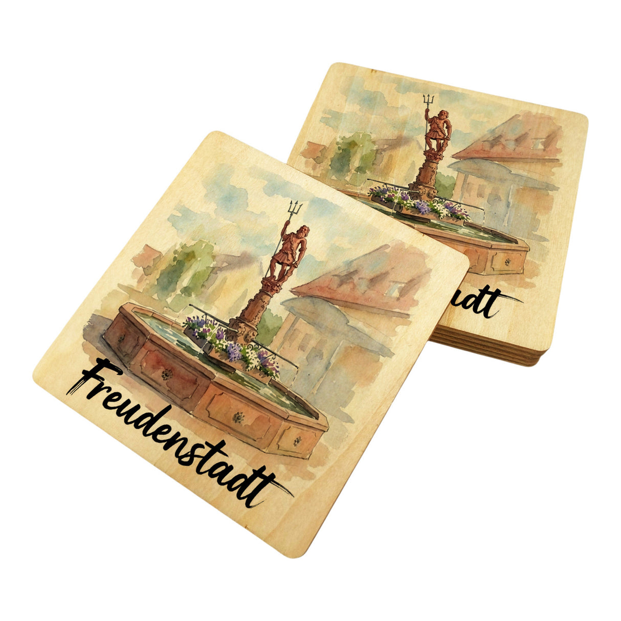 Brunnen Freudenstadt 6er Set Untersetzer aus Holz mit Aquarellmotiv