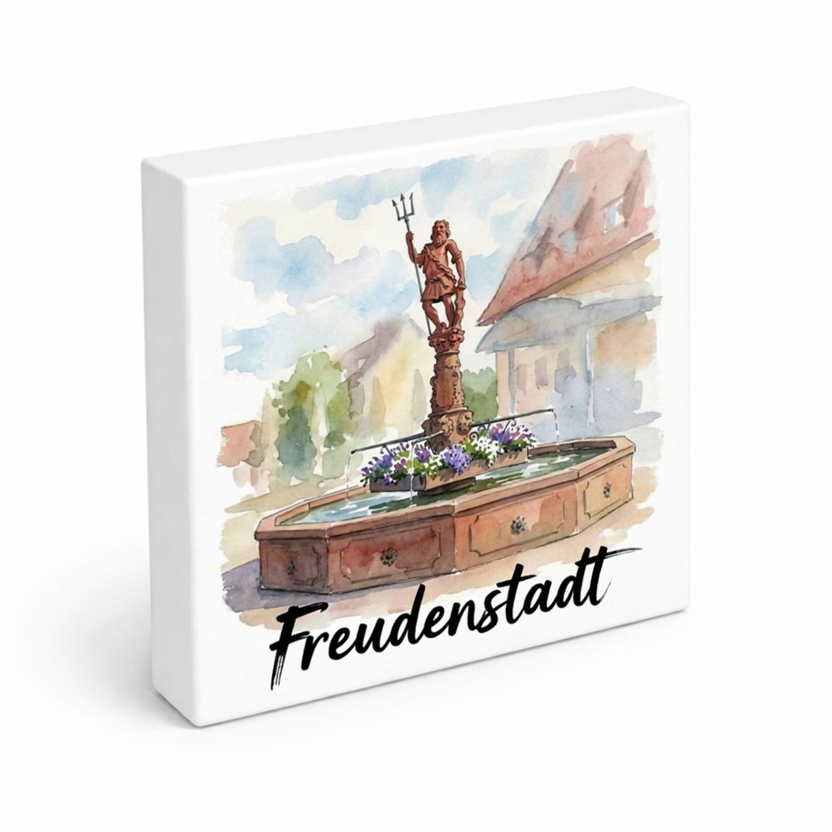 Brunnen Freudenstadt Holzbild in 10x10 cm zum Stellen oder Aufhängen mit Aquarellmotiv