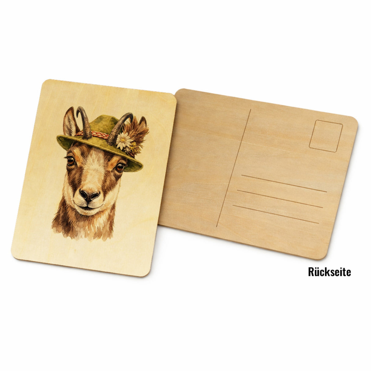 Gämse mit alpenländischem Trachtenhut Postkarte aus Holz