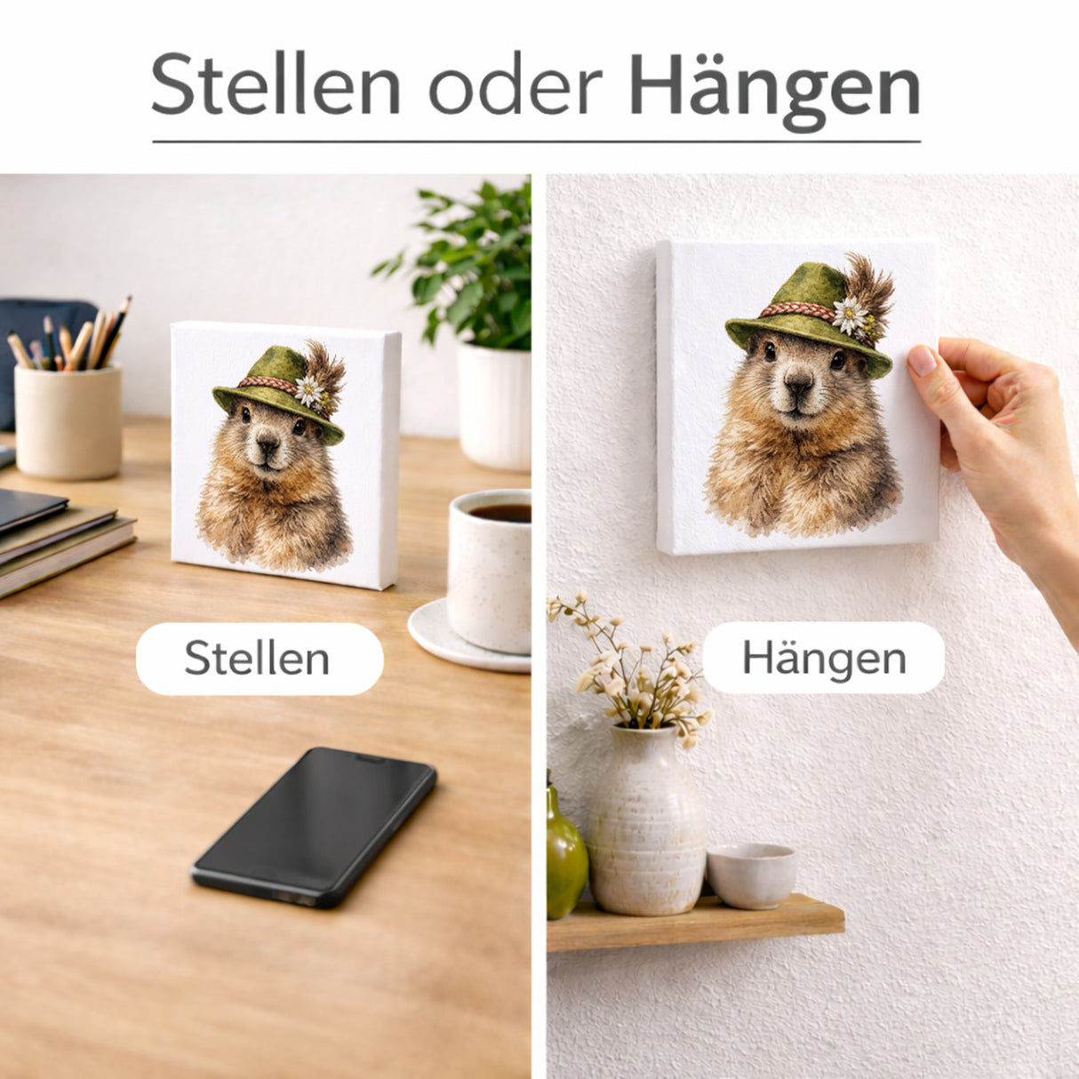 Trachtenhut Berge-Tiere Murmeltier Holzbild in 10x10 cm zum Stellen oder Aufhängen