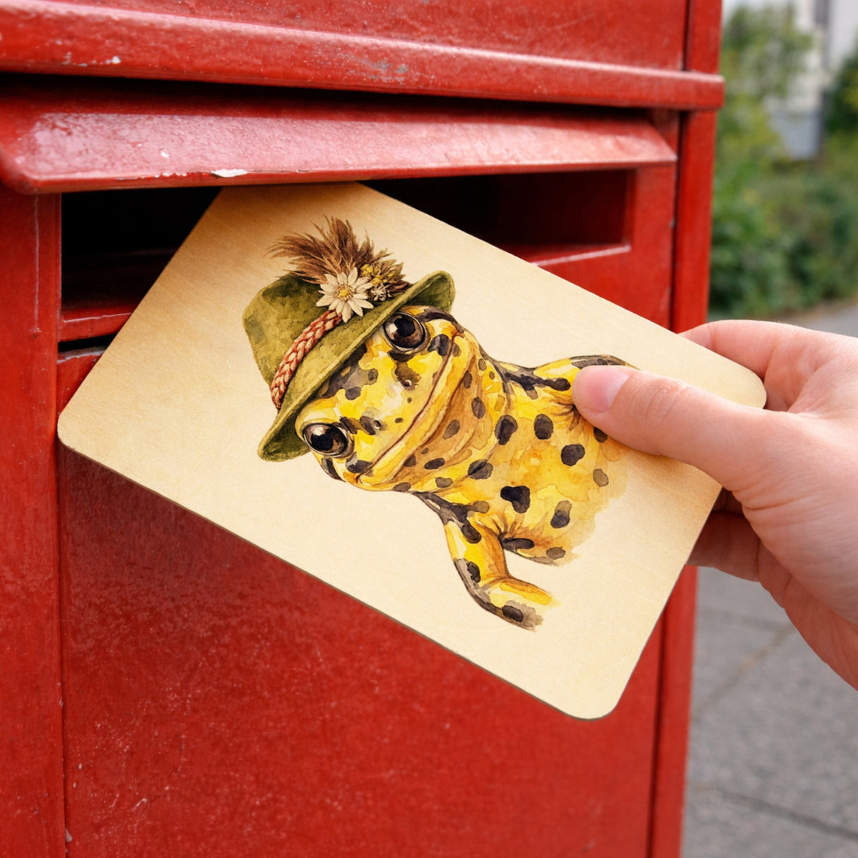 Feuersalamander mit alpenländischem Trachtenhut Postkarte aus Holz