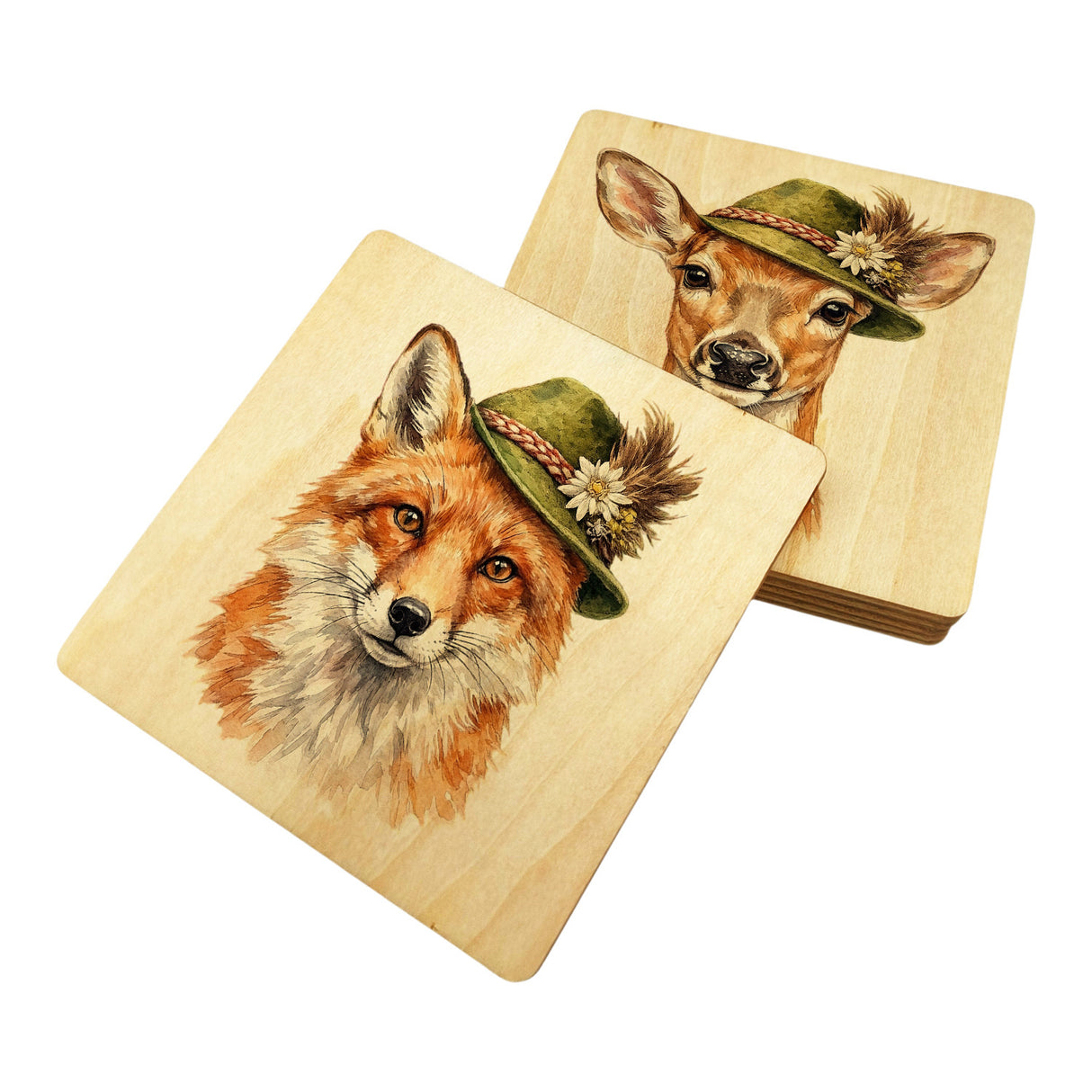 Zillertaler Alpentiere aus Wald und Luft 6er Set Untersetzer aus Holz