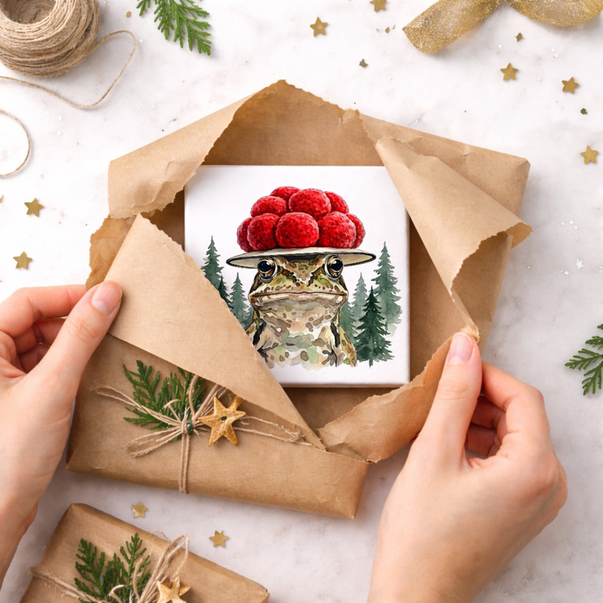 Schwarzwald Bollenhut - Gewässer Tier Grasfrosch Holzbild in 10x10 cm zum Stellen oder Aufhängen