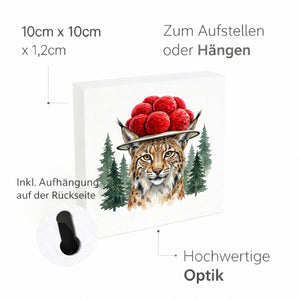 Schwarzwald Bollenhut - Wald Tier Luchs Holzbild in 10x10 cm zum Stellen oder Aufhängen
