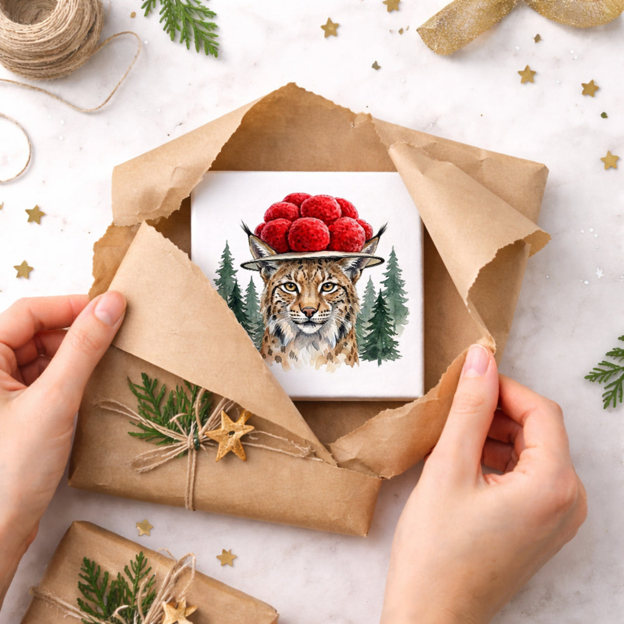 Schwarzwald Bollenhut - Wald Tier Luchs Holzbild in 10x10 cm zum Stellen oder Aufhängen