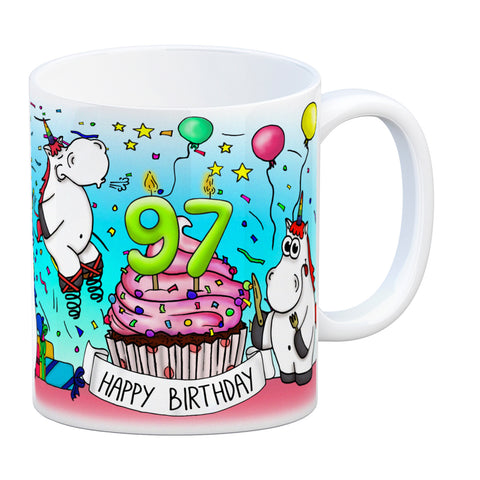 Honeycorns Tasse zum 97. Geburtstag mit Muffin und Einhorn Party