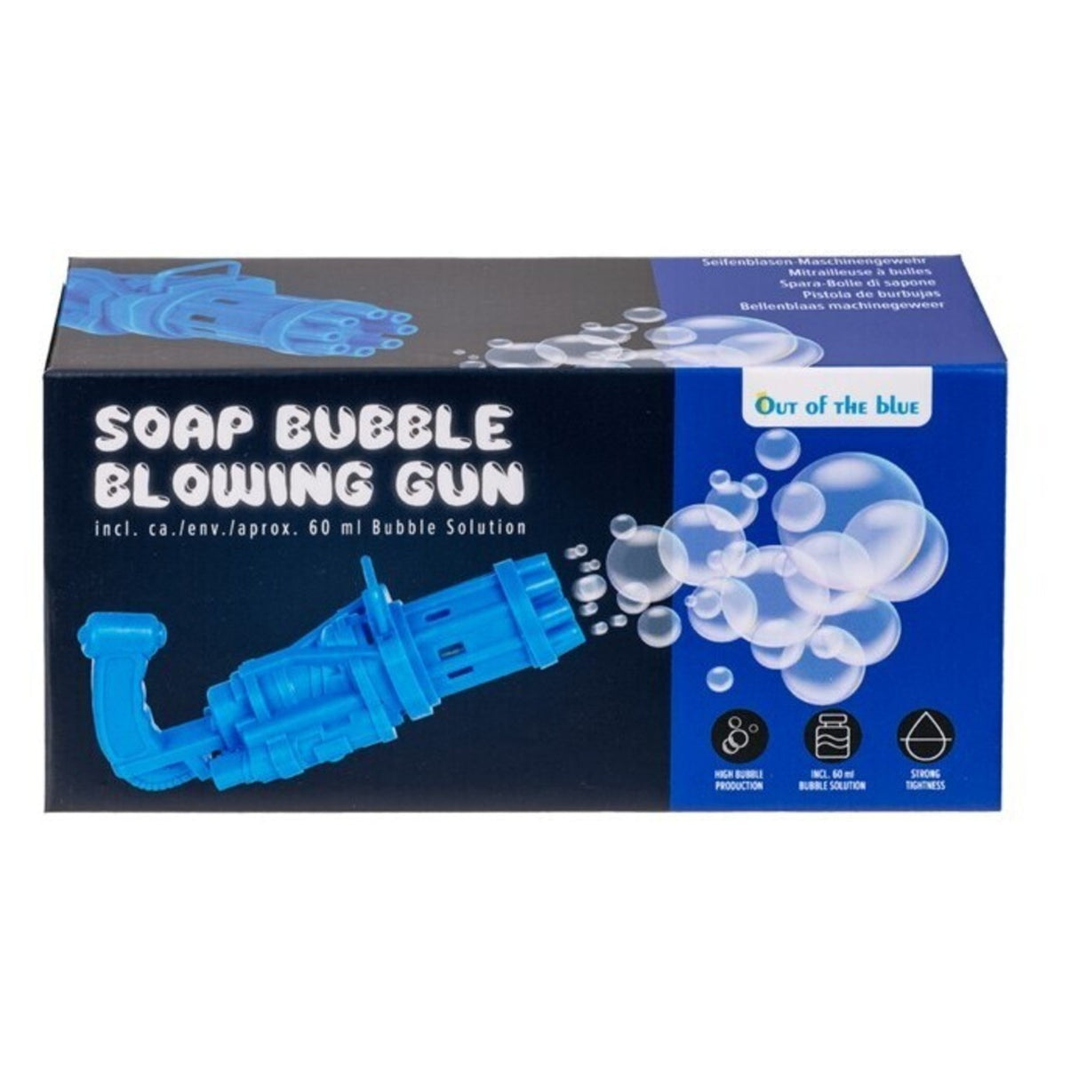 Maschinengewehr Seifenblasenpistole in blau mit Seifenlauge und Schale