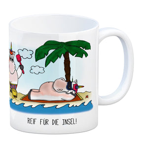 Honeycorns Kaffeebecher mit Einhorn Motiv und Spruch: Reif für die Insel!