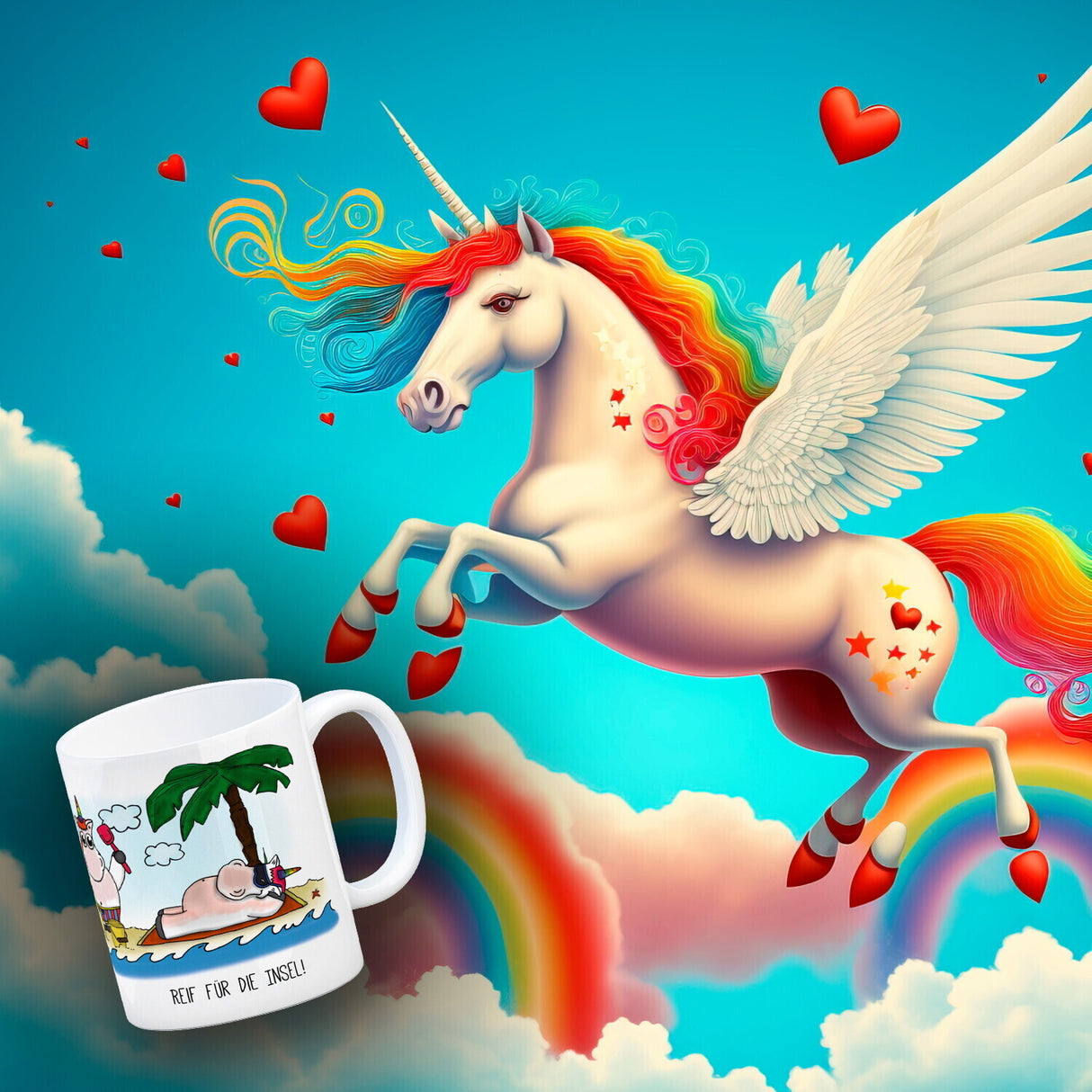 Honeycorns Kaffeebecher mit Einhorn Motiv und Spruch: Reif für die Insel!