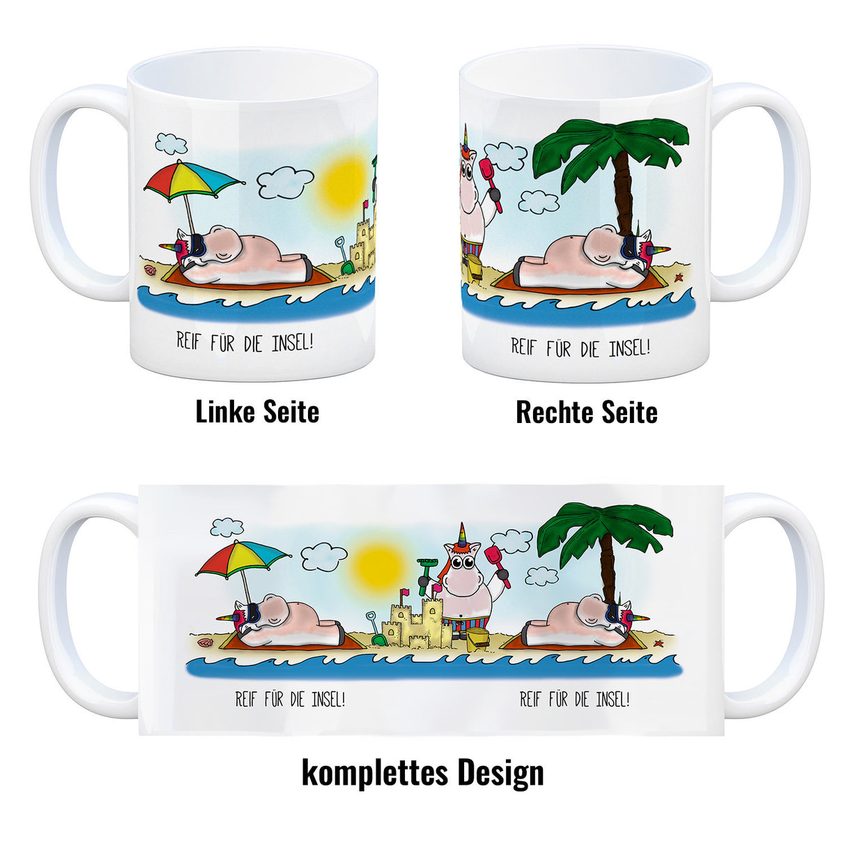 Honeycorns Kaffeebecher mit Einhorn Motiv und Spruch: Reif für die Insel!