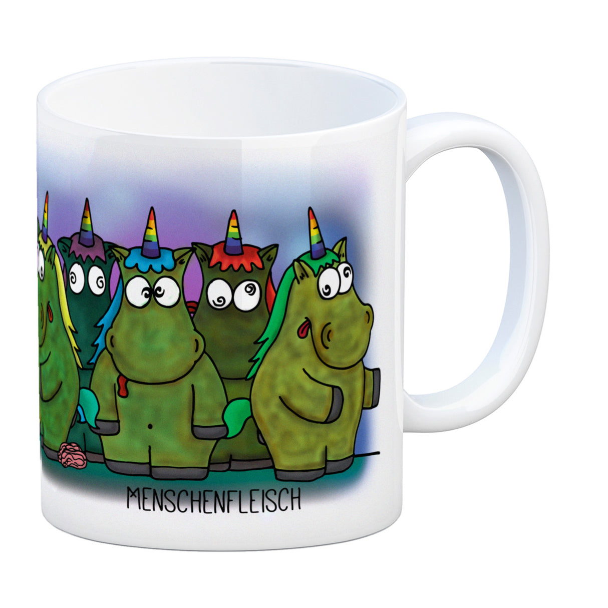 Honeycorns Kaffeebecher mit Einhorn Motiv und Spruch: Menschenfleisch