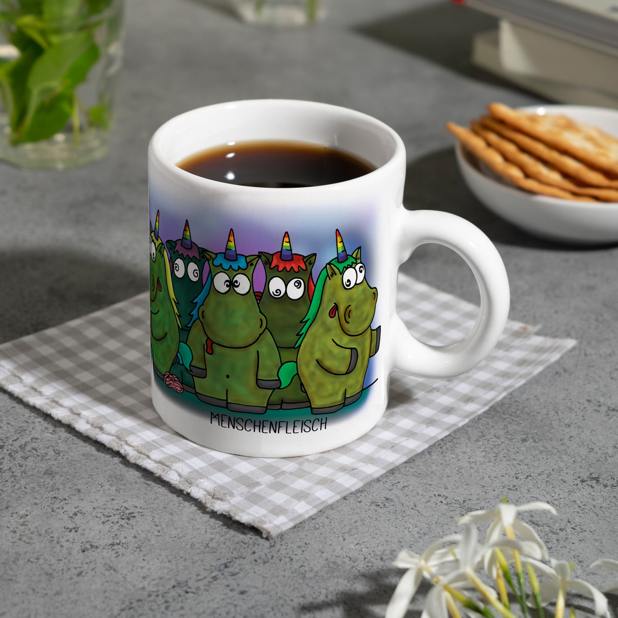 Honeycorns Kaffeebecher mit Einhorn Motiv und Spruch: Menschenfleisch