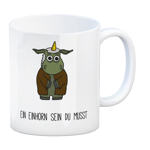 Honeycorns Kaffeebecher mit Einhorn Motiv und Spruch: Ein Einhorn sein du musst