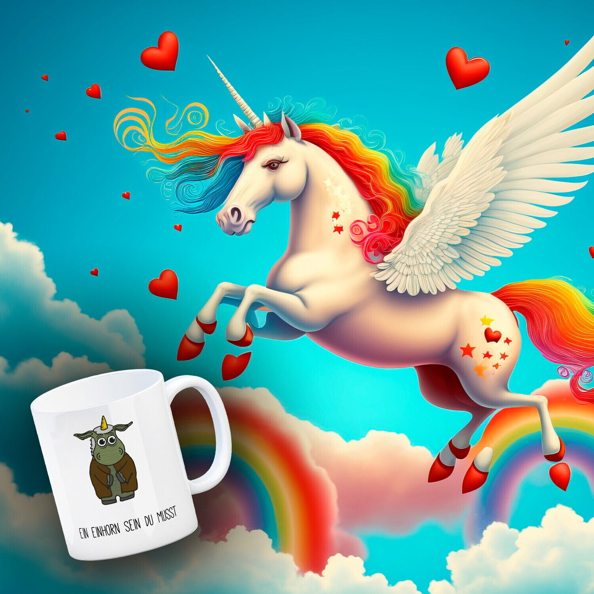 Honeycorns Kaffeebecher mit Einhorn Motiv und Spruch: Ein Einhorn sein du musst