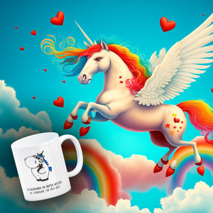Honeycorns Kaffeebecher mit Einhorn Motiv und Spruch: Da Kakaobohnen an Bäumen wachsen, ...