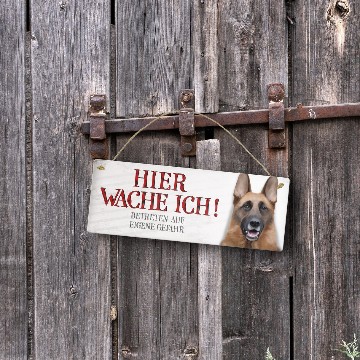 Metallschild mit Schäferhund Motiv und Spruch: Betreten auf eigene Gefahr ...