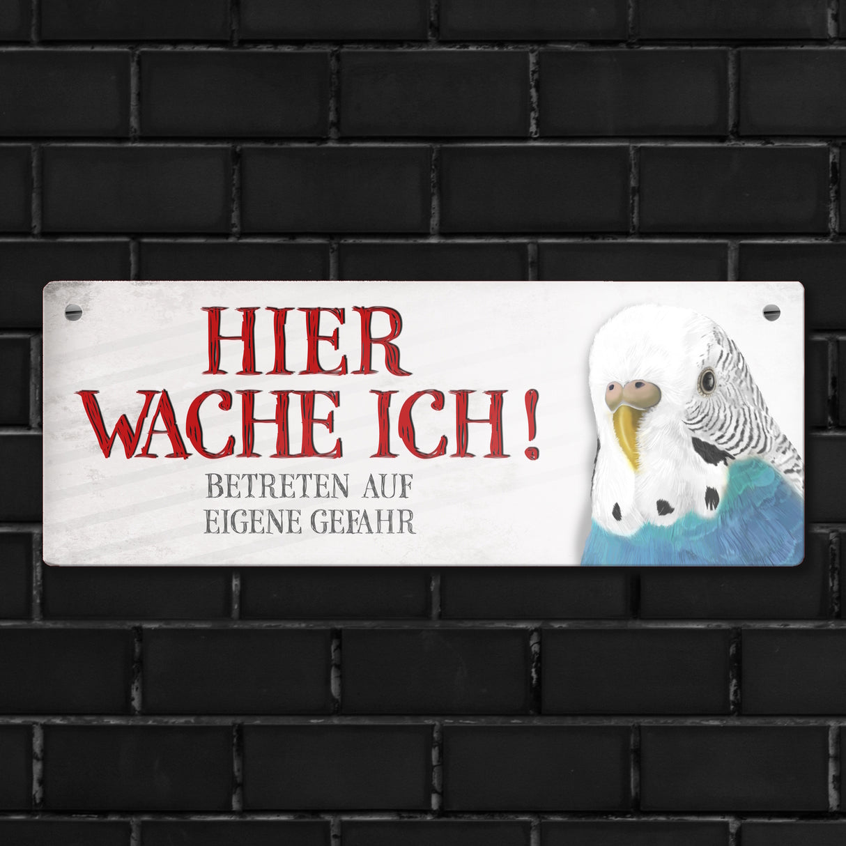 Metallschild mit Wellensittich Motiv und Spruch: Betreten auf eigene Gefahr ...