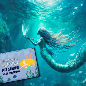 Hier wohnt ein Taucher mit seiner Meerjungfrau Metallschild