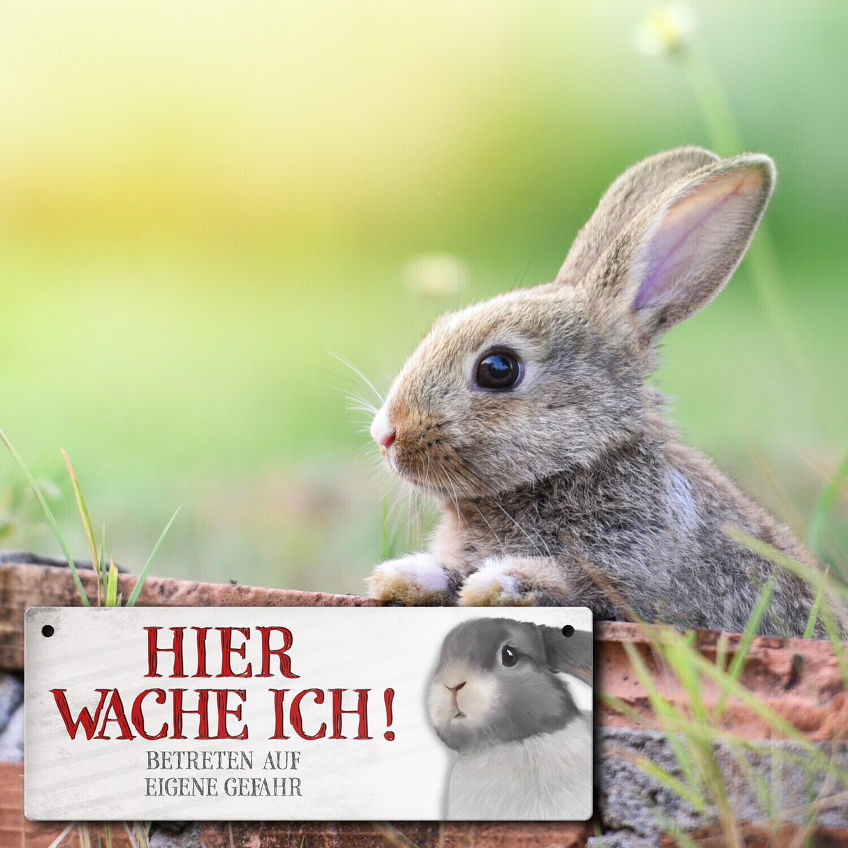 Metallschild mit Hase Motiv und Spruch: Betreten auf eigene Gefahr ...