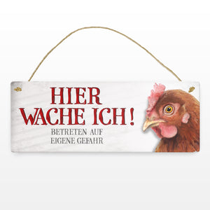 Metallschild mit Huhn Motiv und Spruch: Betreten auf eigene Gefahr ...