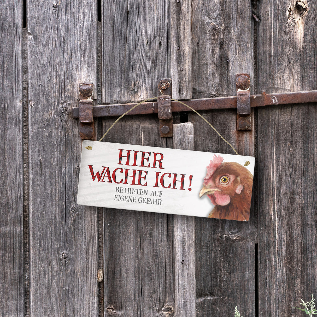 Metallschild mit Huhn Motiv und Spruch: Betreten auf eigene Gefahr ...