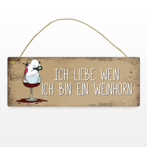 Honeycorns Metallschild mit Einhorn Motiv und Spruch: Ich liebe Wein, ich bin ein Weinhorn