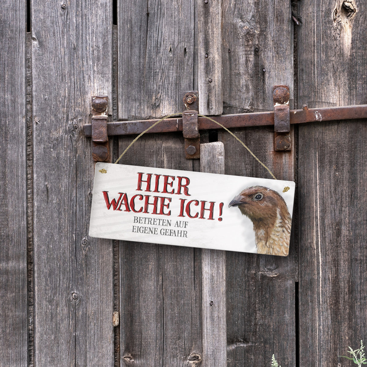Metallschild mit Wachtel Motiv und Spruch: Betreten auf eigene Gefahr ...