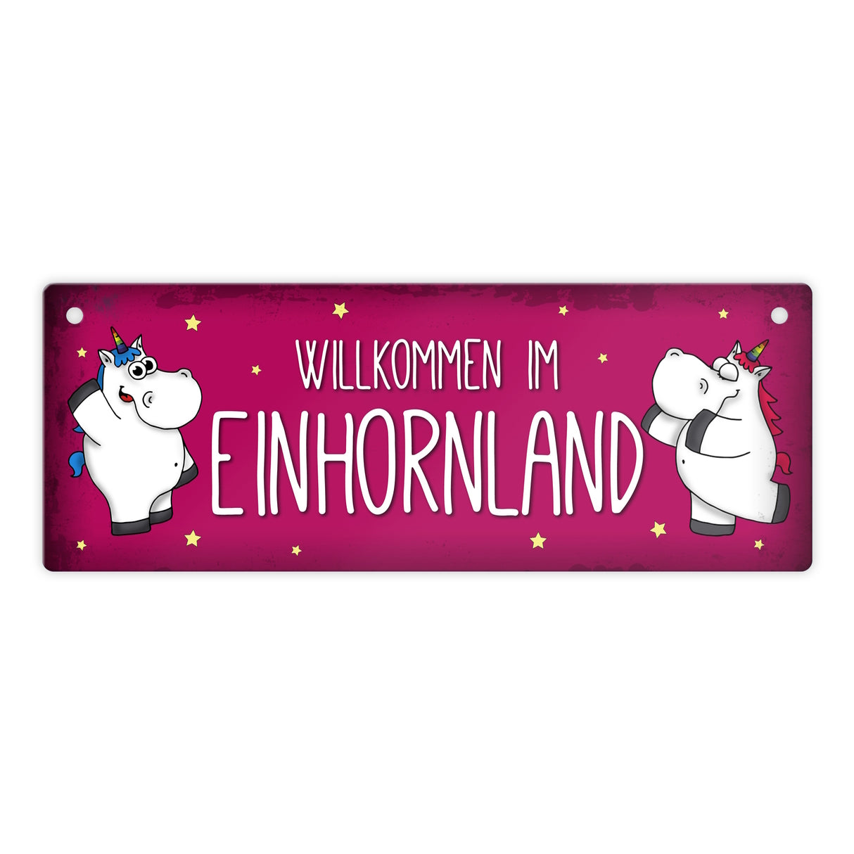 Honeycorns Metallschild mit Einhorn Stadtschild Motiv und Spruch: Willkommen im Einhornland