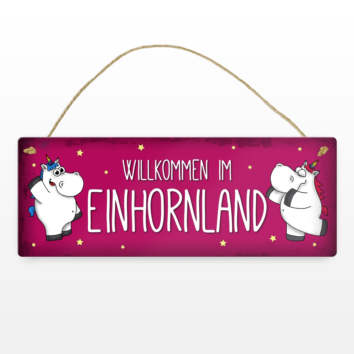 Honeycorns Metallschild mit Einhorn Stadtschild Motiv und Spruch: Willkommen im Einhornland