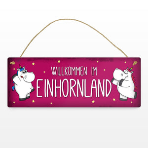 Honeycorns Metallschild mit Einhorn Stadtschild Motiv und Spruch: Willkommen im Einhornland