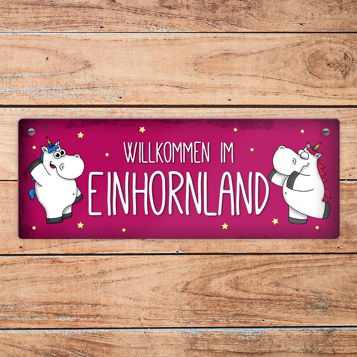 Honeycorns Metallschild mit Einhorn Stadtschild Motiv und Spruch: Willkommen im Einhornland