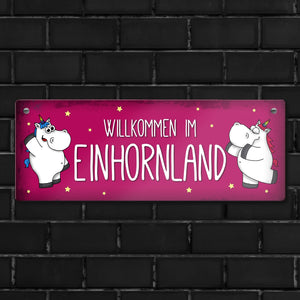 Honeycorns Metallschild mit Einhorn Stadtschild Motiv und Spruch: Willkommen im Einhornland