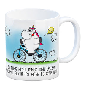 Honeycorns Kaffeebecher mit Einhorn Fahrrad Motiv und Spruch: Es muss nicht immer Sinn ergeben...