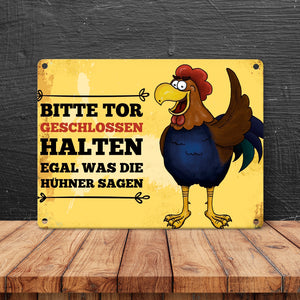 Bitte Tor geschlossen halten Metallschild mit Hahn Motiv - Huhn Hühnerstall Tür
