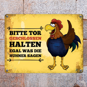 Bitte Tor geschlossen halten Metallschild mit Hahn Motiv - Huhn Hühnerstall Tür