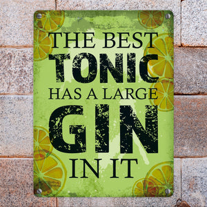 Metallschild mit Gin Tonic Motiv und Spruch: Best Tonic has Gin in it