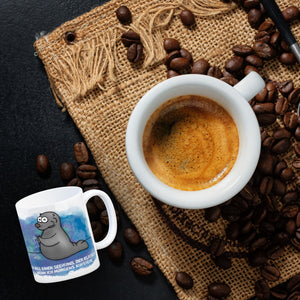 Kaffeebecher mit Seehund Motiv und Spruch: Ich will einen Seehund, der klatscht, ...