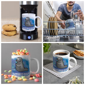 Kaffeebecher mit Seehund Motiv und Spruch: Ich will einen Seehund, der klatscht, ...