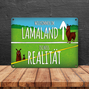 Metallschild mit Lama Motiv und Spruch: Willkommen im Lamaland