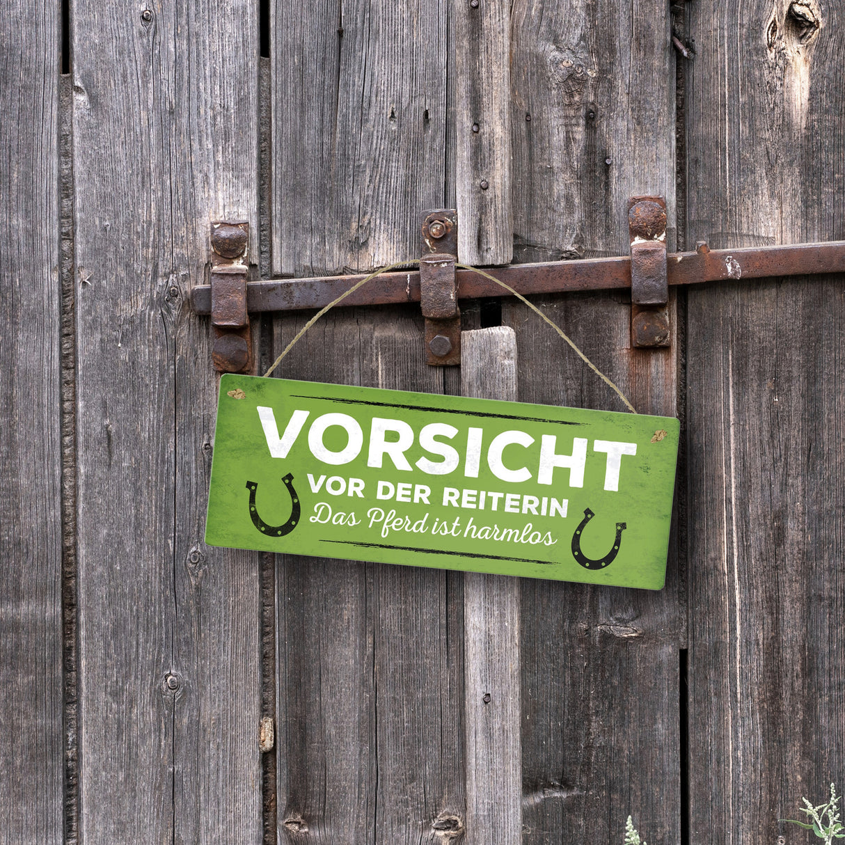 Metallschild mit Spruch: Vorsicht vor der Reiterin, das ...