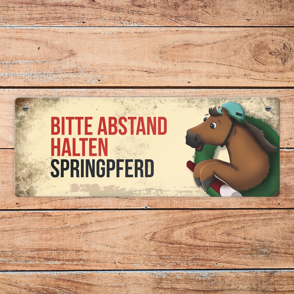 Metallschild mit braunem Springpferd Motiv und Spruch: Bitte Abstand halten
