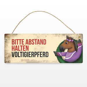 Metallschild mit braunem Voltigierpferd Motiv und Spruch: Bitte Abstand halten