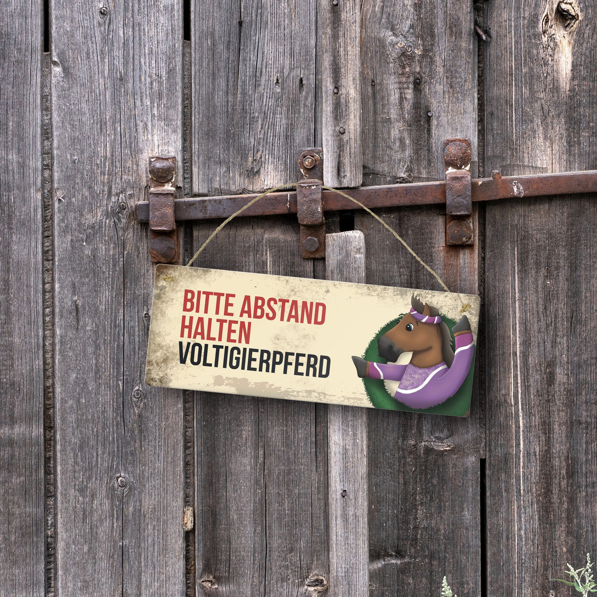 Metallschild mit braunem Voltigierpferd Motiv und Spruch: Bitte Abstand halten