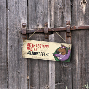Metallschild mit braunem Voltigierpferd Motiv und Spruch: Bitte Abstand halten
