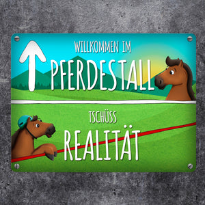 Metallschild mit Pferde Motiv und Spruch: Willkommen im Pferdestall