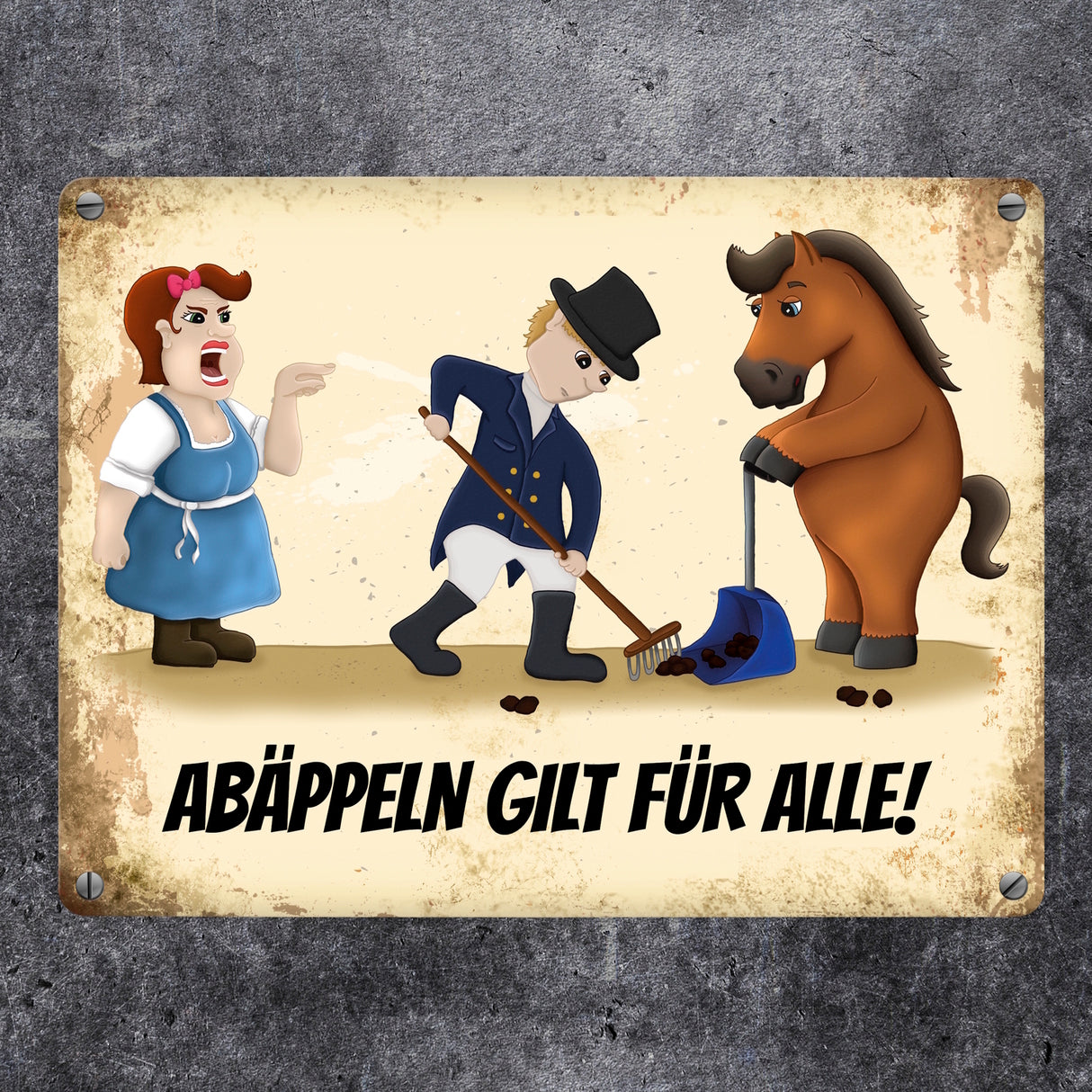 Metallschild mit Reiter und Pferde Motiv und Spruch: Abäppeln gilt für alle Absammeln Pferdeäpfel Reithalle Stall