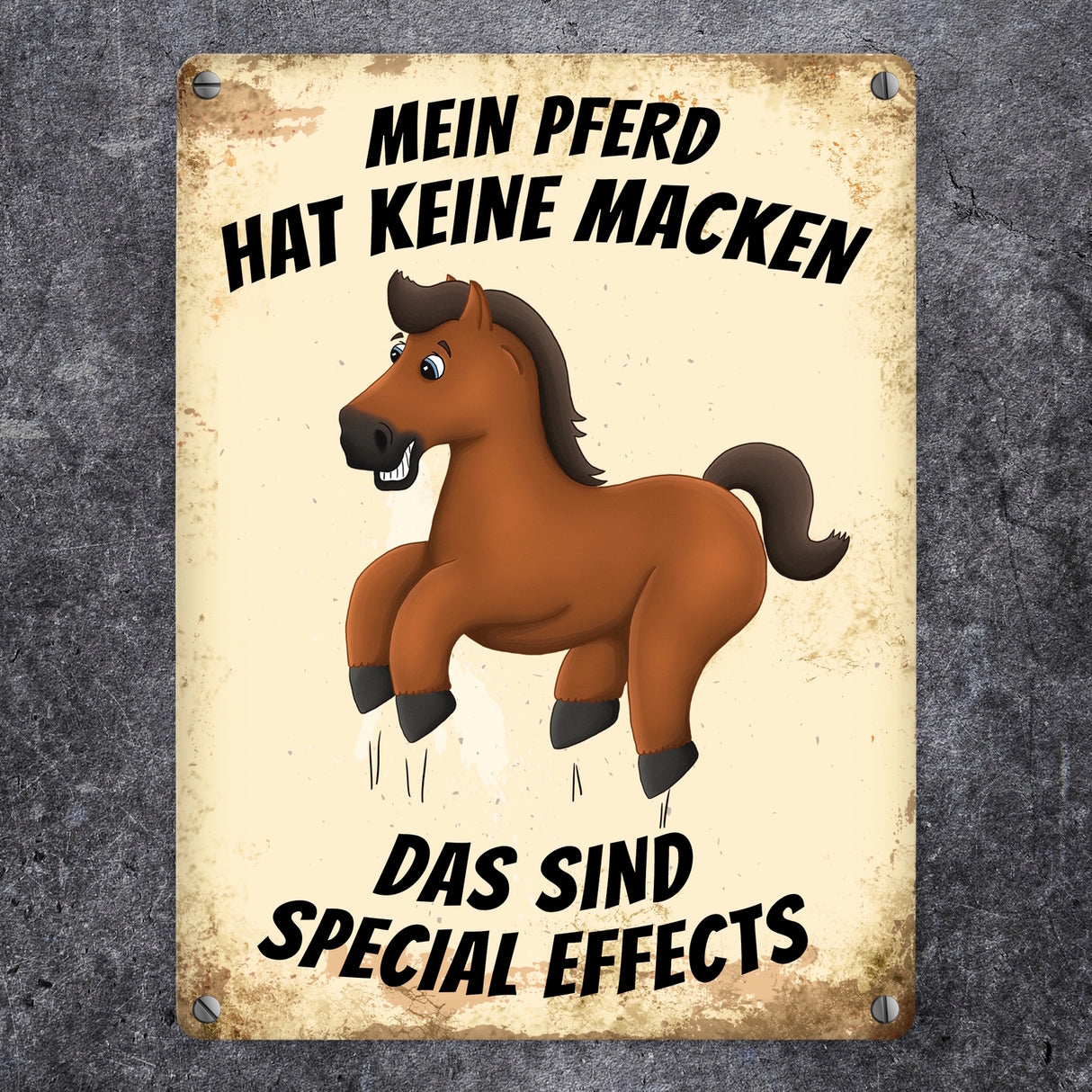 Metallschild mit Pferd Motiv und Spruch: Mein Pferd hat keine Macken, das ...