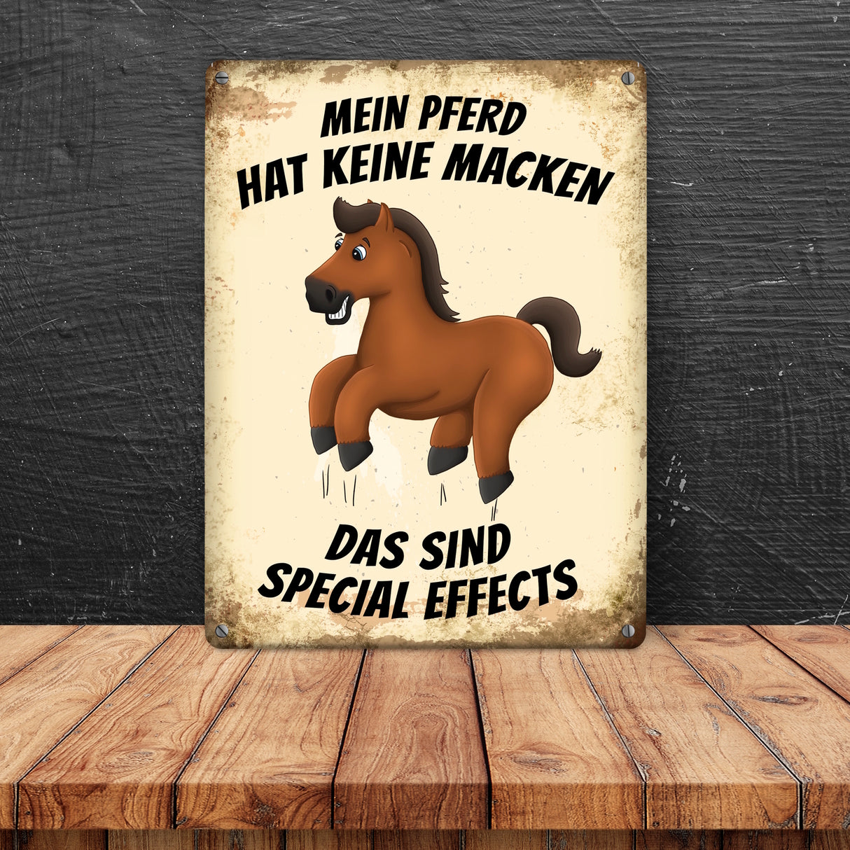 Metallschild mit Pferd Motiv und Spruch: Mein Pferd hat keine Macken, das ...