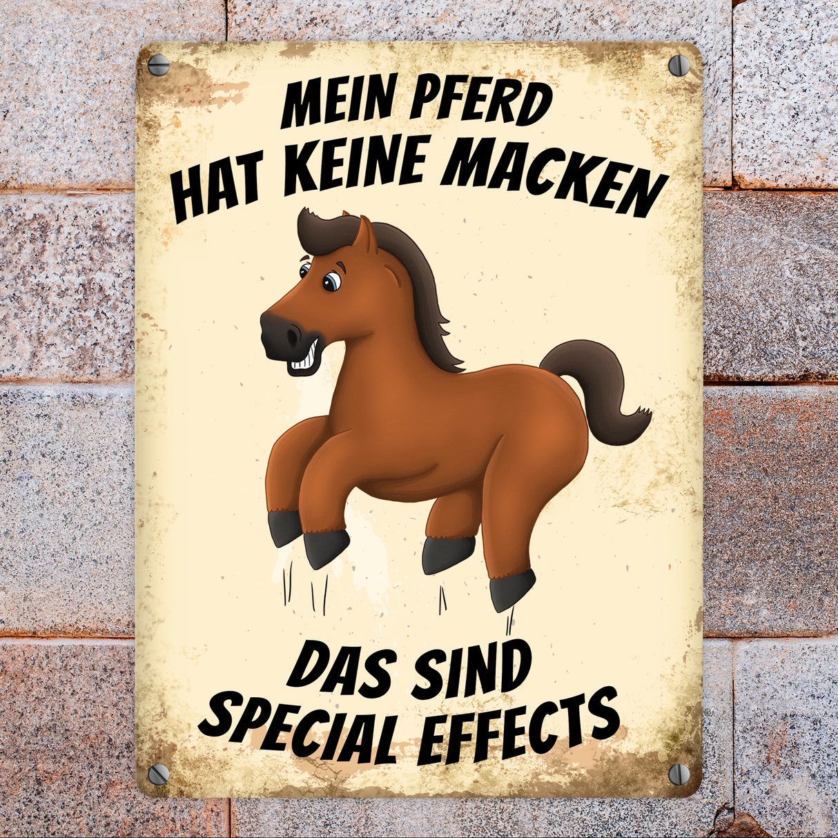 Metallschild mit Pferd Motiv und Spruch: Mein Pferd hat keine Macken, das ...