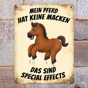 Metallschild mit Pferd Motiv und Spruch: Mein Pferd hat keine Macken, das ...